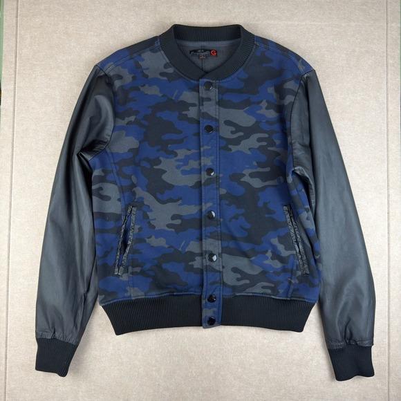 Guess Varsity Jacket Men’s Large Blue Camo‎ Faux Leather Sleeves Bomber - Picture 1 of 9